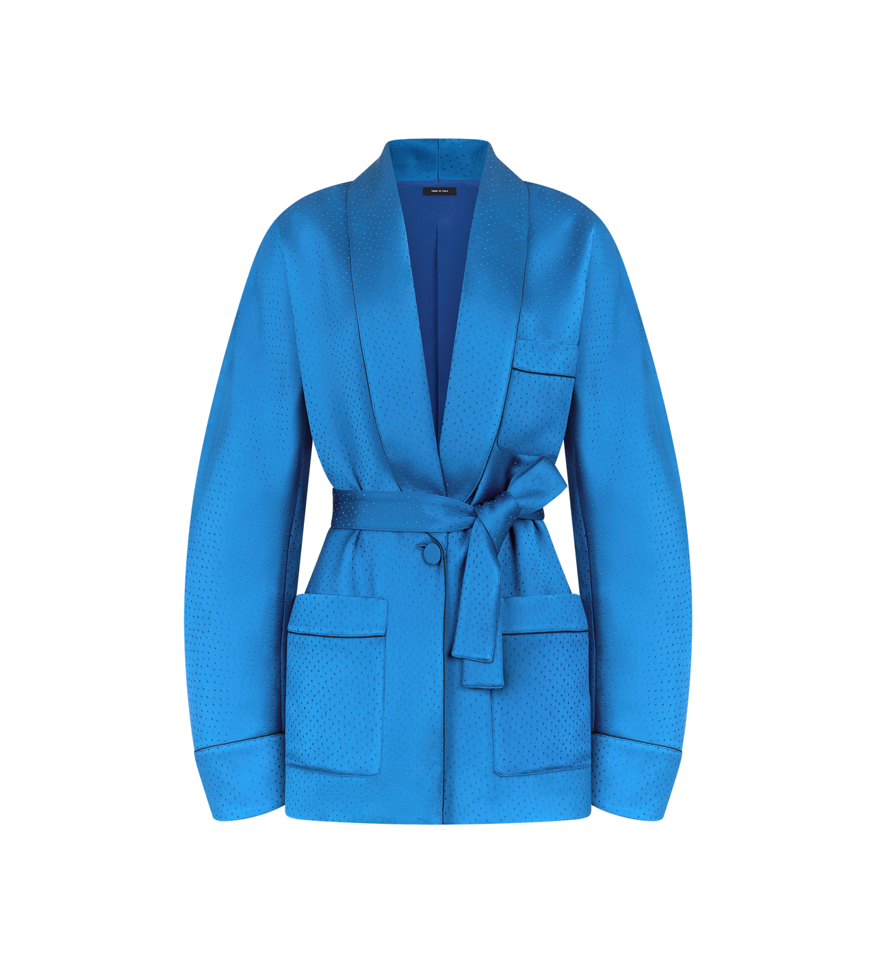 TOM FORD SILK BLEND BLUE CAMISA DE C&Aacute;RDIGAN DE PIJAMA EXTRAGRANDE DE MEZCLA DE SEDA CON LUNARES Y RIBETES