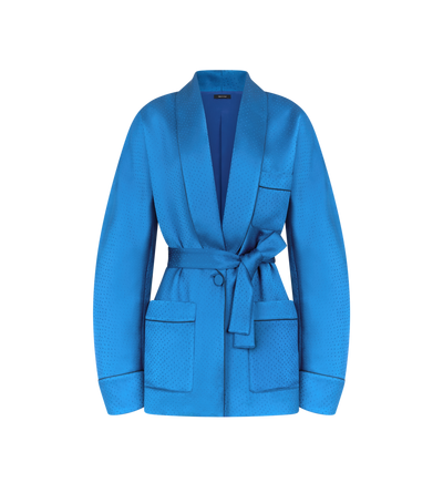 TOM FORD SILK BLEND BLUE CAMISA DE C&Aacute;RDIGAN DE PIJAMA EXTRAGRANDE DE MEZCLA DE SEDA CON LUNARES Y RIBETES