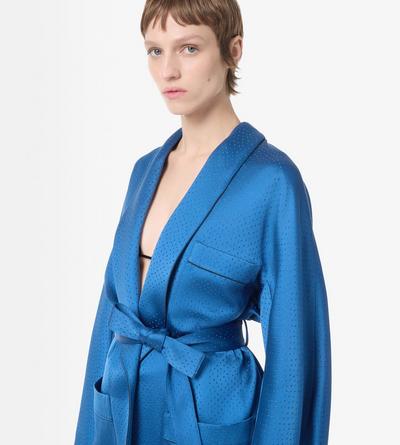 TOM FORD SILK BLEND BLUE CAMISA DE C&Aacute;RDIGAN DE PIJAMA EXTRAGRANDE DE MEZCLA DE SEDA CON LUNARES Y RIBETES