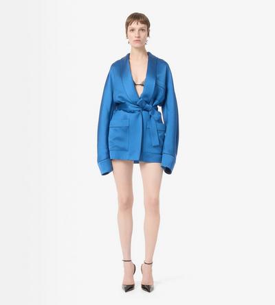 TOM FORD SILK BLEND BLUE CAMISA DE C&Aacute;RDIGAN DE PIJAMA EXTRAGRANDE DE MEZCLA DE SEDA CON LUNARES Y RIBETES