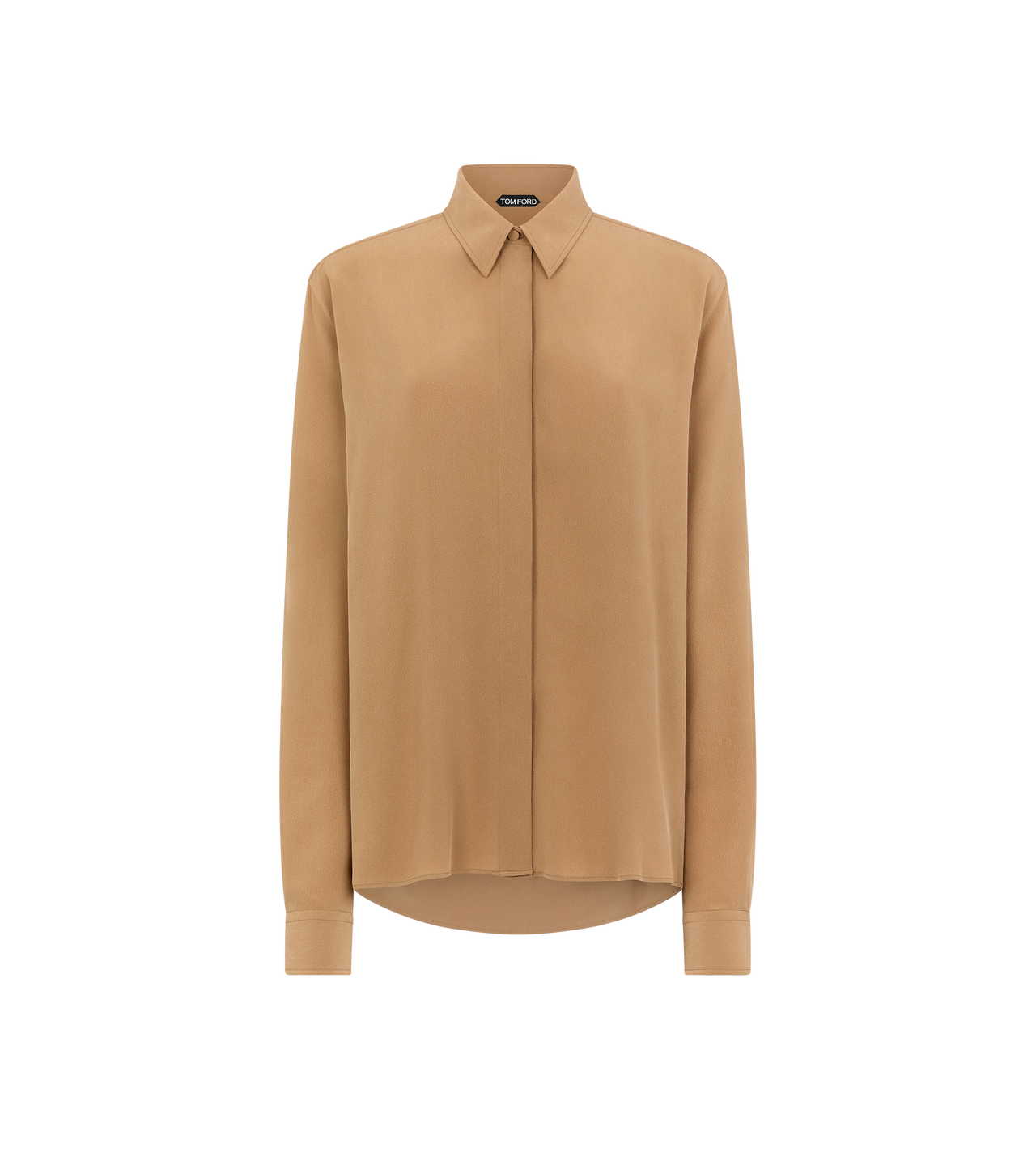 TOM FORD SILK GOLDEN BROWN SILK OVERSIZED SHIRT WITH TONAL TF EMBROIDERED LOGO