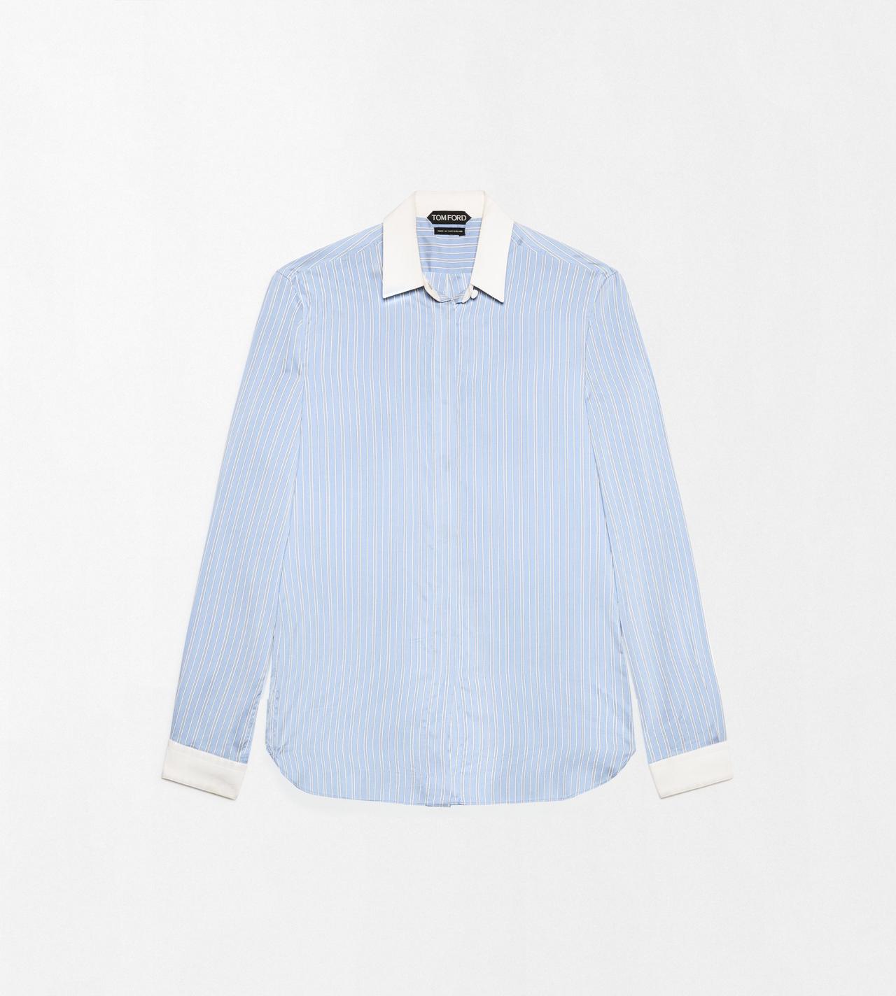 TOM FORD SILK COMBO LIGHT BLUE & WHITE STRIPED SILK SHIRT WITH CONTRAST DETAILS