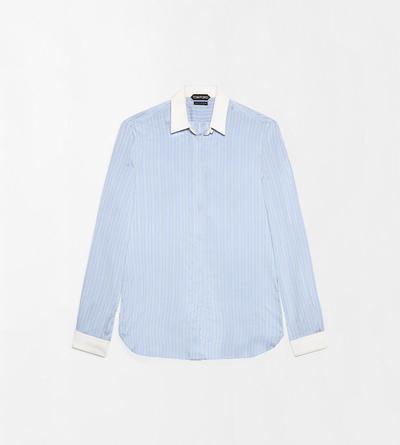 TOM FORD SILK COMBO LIGHT BLUE & WHITE STRIPED SILK SHIRT WITH CONTRAST DETAILS