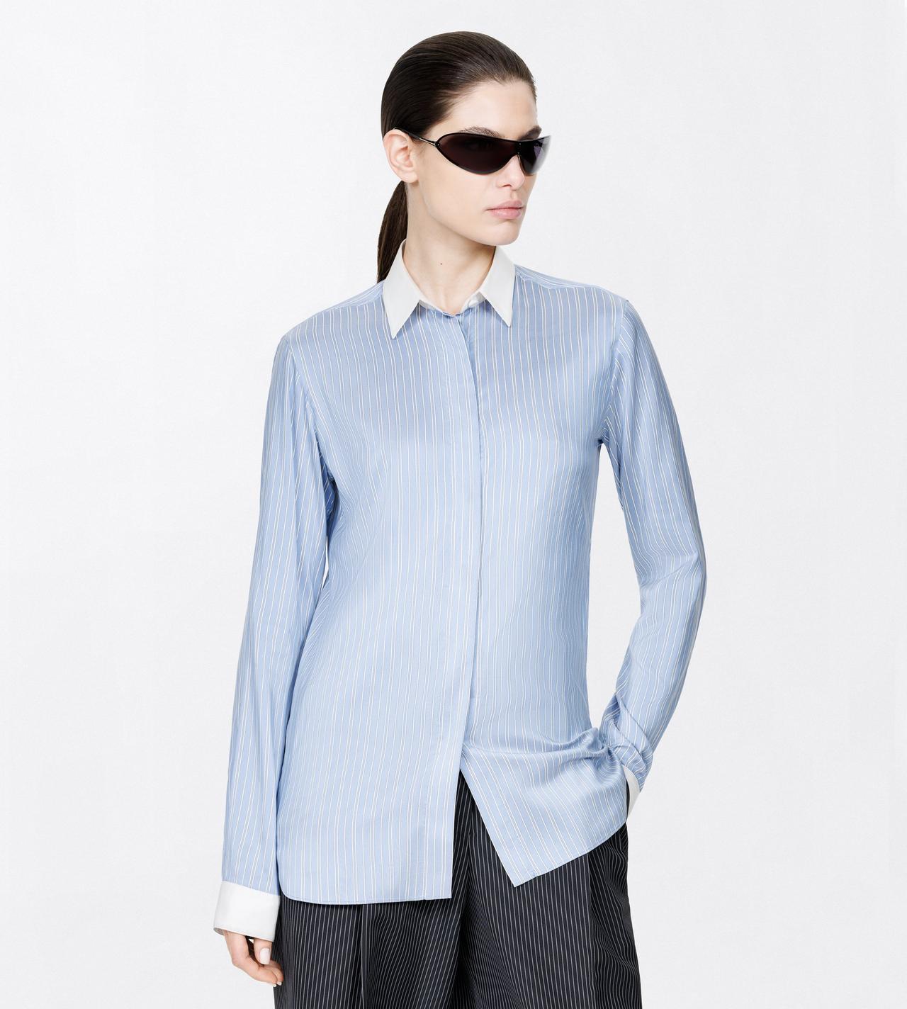 TOM FORD SILK COMBO LIGHT BLUE & WHITE STRIPED SILK SHIRT WITH CONTRAST DETAILS