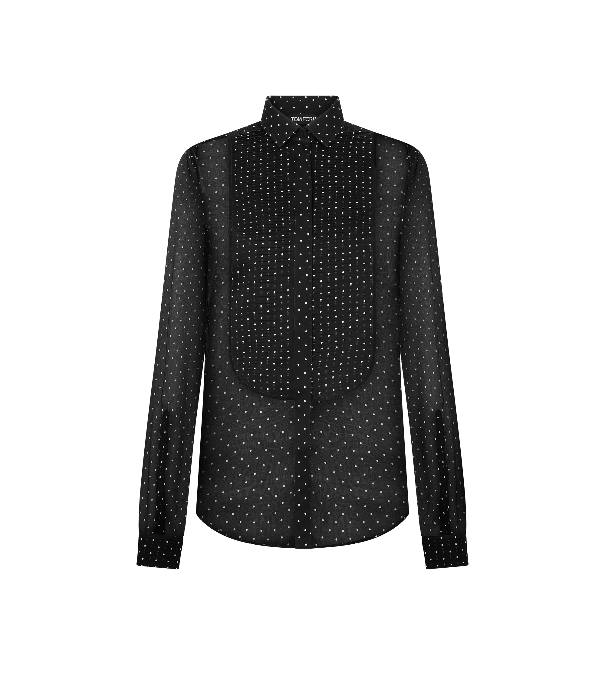 CHEMISE DE SMOKING EN MOUSSELINE SOIE &Agrave; POIS ET PLASTRON PLISS&Eacute;