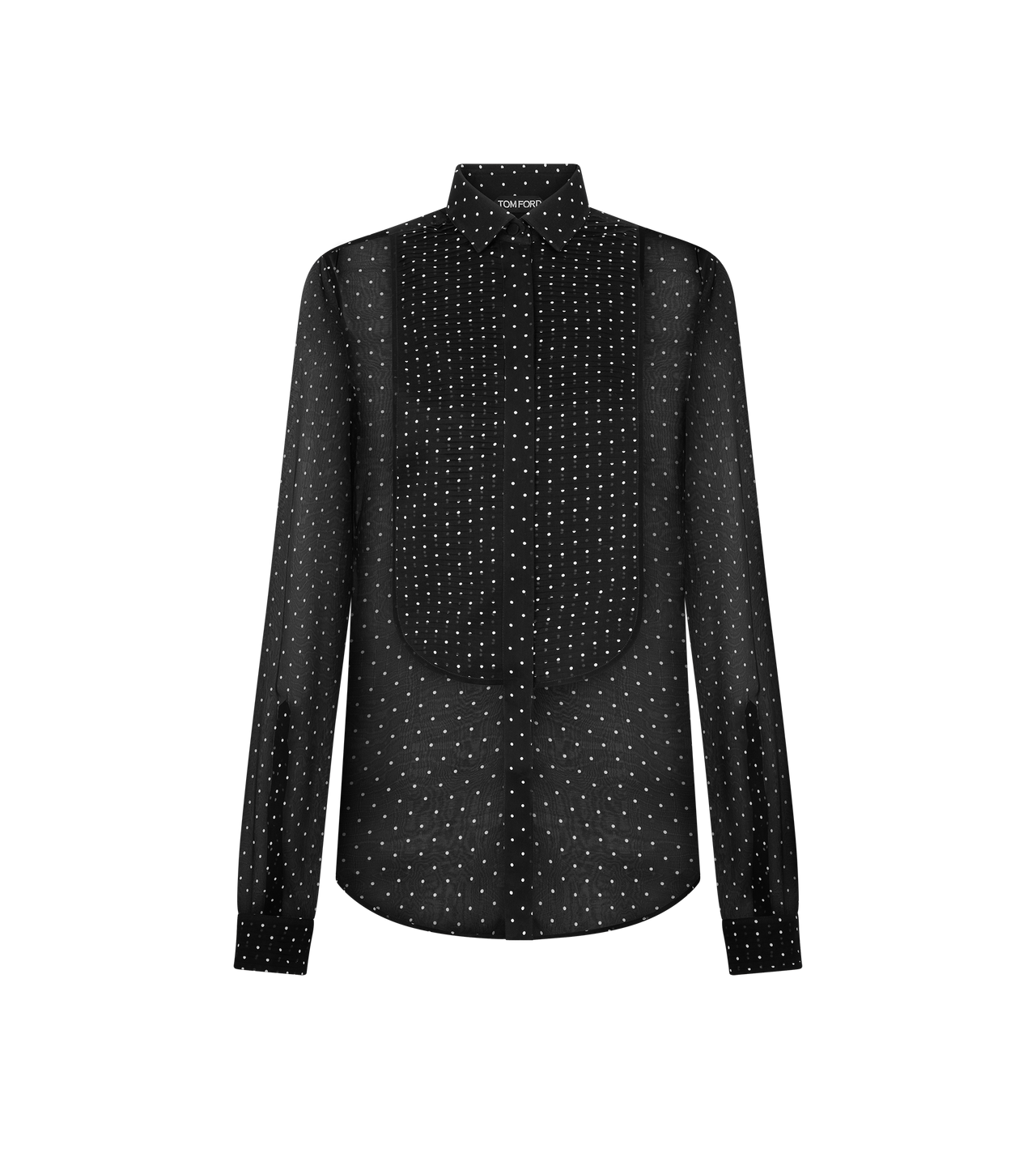 TOM FORD SILK BLACK+OFF WHITE POLKA DOT SILK CHIFFON TUXEDO SHIRT WITH PLEATED PLASTRON