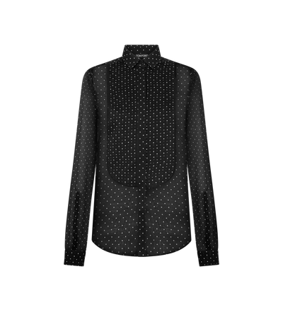 POLKA DOT SILK CHIFFON TUXEDO SHIRT WITH PLEATED PLASTRON