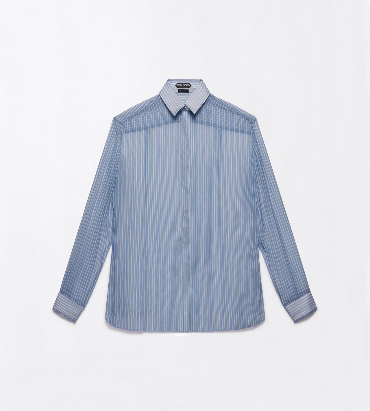 TOM FORD SILK BLUE + WHITE + GREEN STRIPED SILK CHIFFON BOYFRIEND SHIRT WITH PLISS&Eacute; CUFF