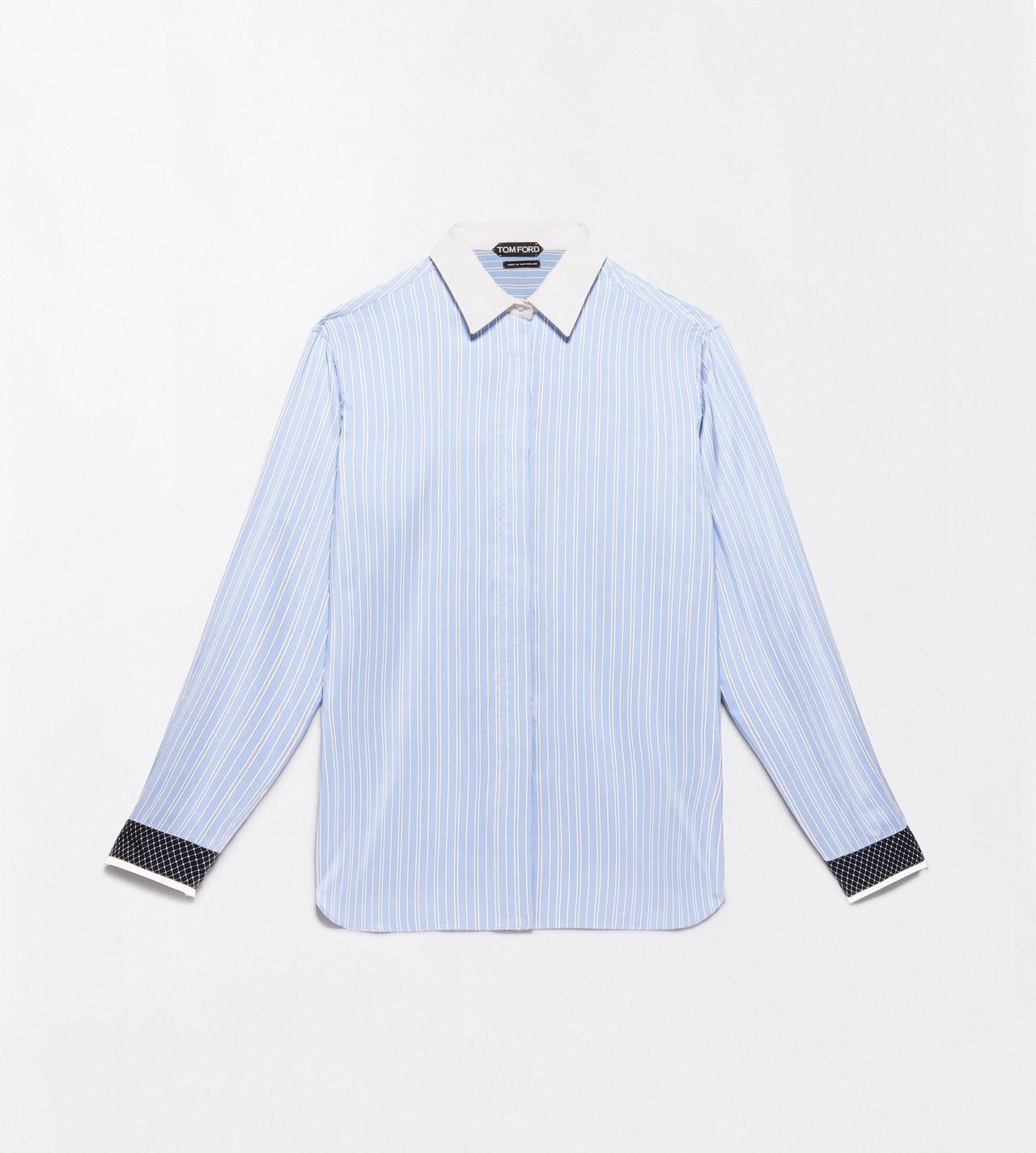 TOM FORD SILK COMBO LIGHT BLUE & WHITE STRIPED SILK SHIRT WITH CONTRAST DETAILS