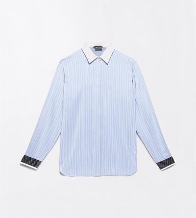 TOM FORD SILK COMBO LIGHT BLUE & WHITE STRIPED SILK SHIRT WITH CONTRAST DETAILS