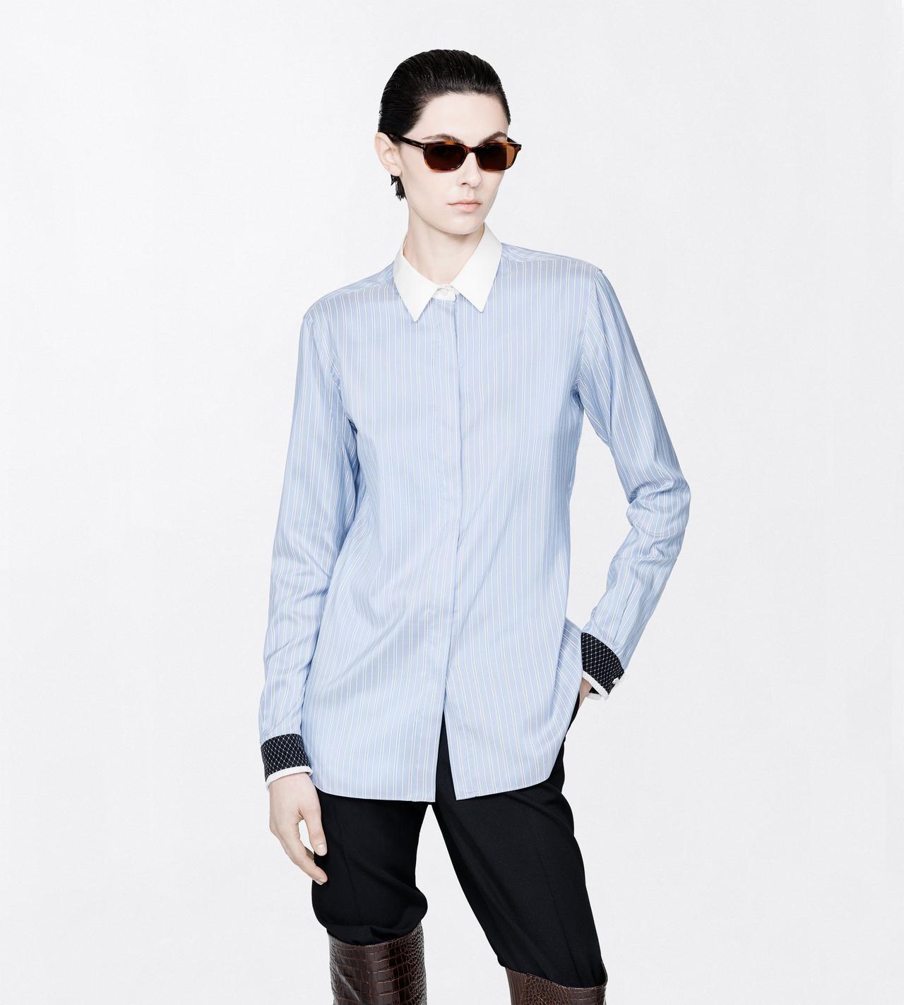 TOM FORD SILK COMBO LIGHT BLUE & WHITE STRIPED SILK SHIRT WITH CONTRAST DETAILS