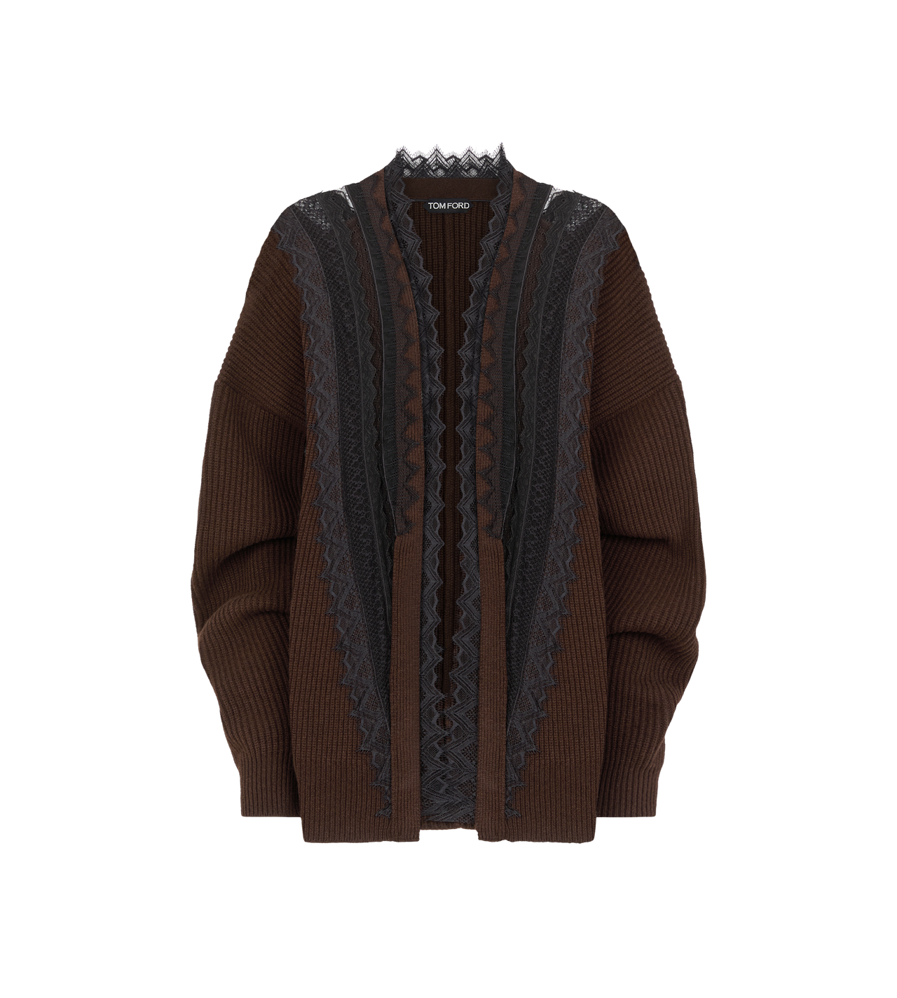 TOM FORD WOOL COFFEE + BLACK SCULPTURAL CARDIGAN WITH LAYERED V-NECK INSERT