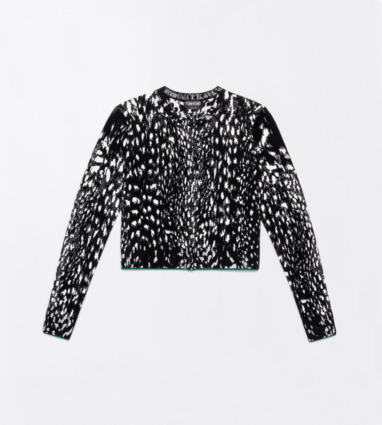 TOM FORD VELVET BLACK&WHITE + GREEN LYNX JACQUARD VELVET CREWNECK CARDIGAN