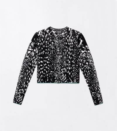 TOM FORD VELVET BLACK&WHITE + GREEN LYNX JACQUARD VELVET CREWNECK CARDIGAN