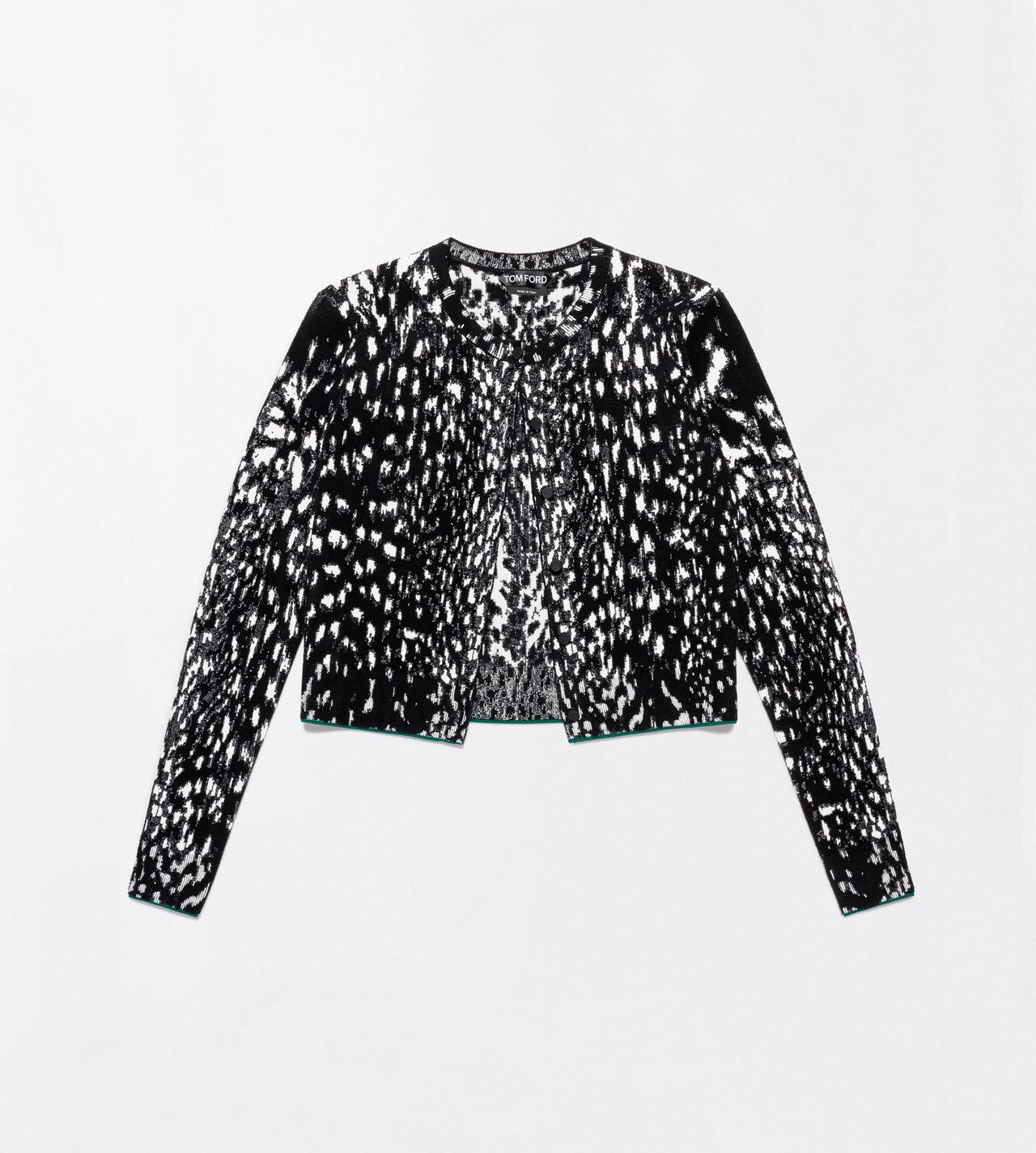 TOM FORD VELVET BLACK&WHITE + GREEN LYNX JACQUARD VELVET CREWNECK CARDIGAN