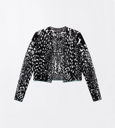 TOM FORD VELVET BLACK&WHITE + GREEN LYNX JACQUARD VELVET CREWNECK CARDIGAN