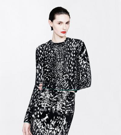 TOM FORD VELVET BLACK&WHITE + GREEN LYNX JACQUARD VELVET CREWNECK CARDIGAN