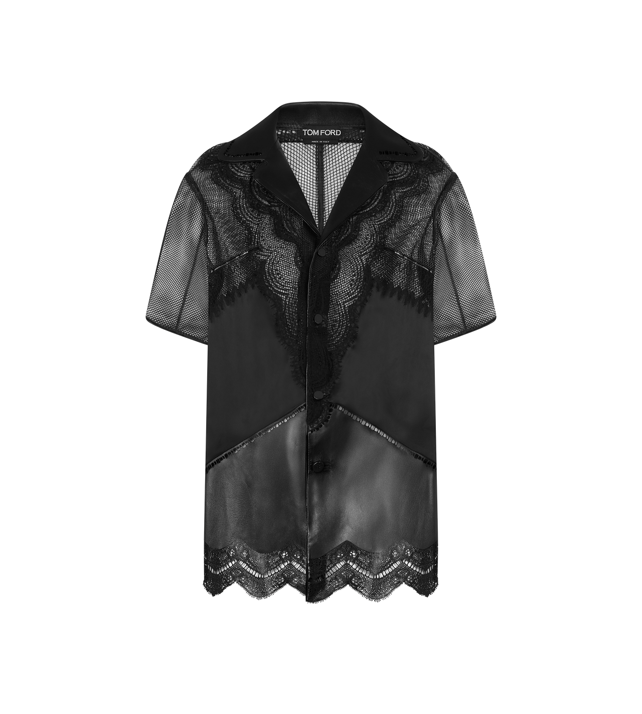 TOM FORD LEATHER BLACK CAMISA DE PIJAMA DE MANGA CORTA DE PIEL Y ENCAJE