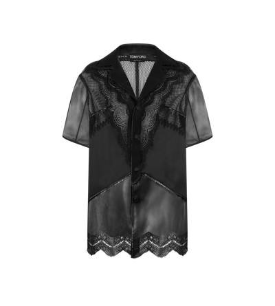 TOM FORD LEATHER BLACK CAMISA DE PIJAMA DE MANGA CORTA DE PIEL Y ENCAJE