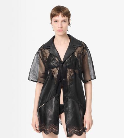 TOM FORD LEATHER BLACK CAMISA DE PIJAMA DE MANGA CORTA DE PIEL Y ENCAJE