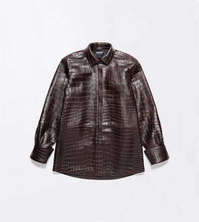 TOM FORD LEATHER DARK CHOCOLATE EXOTIC PRINTED LEATHER OVERSIZED SHIRT