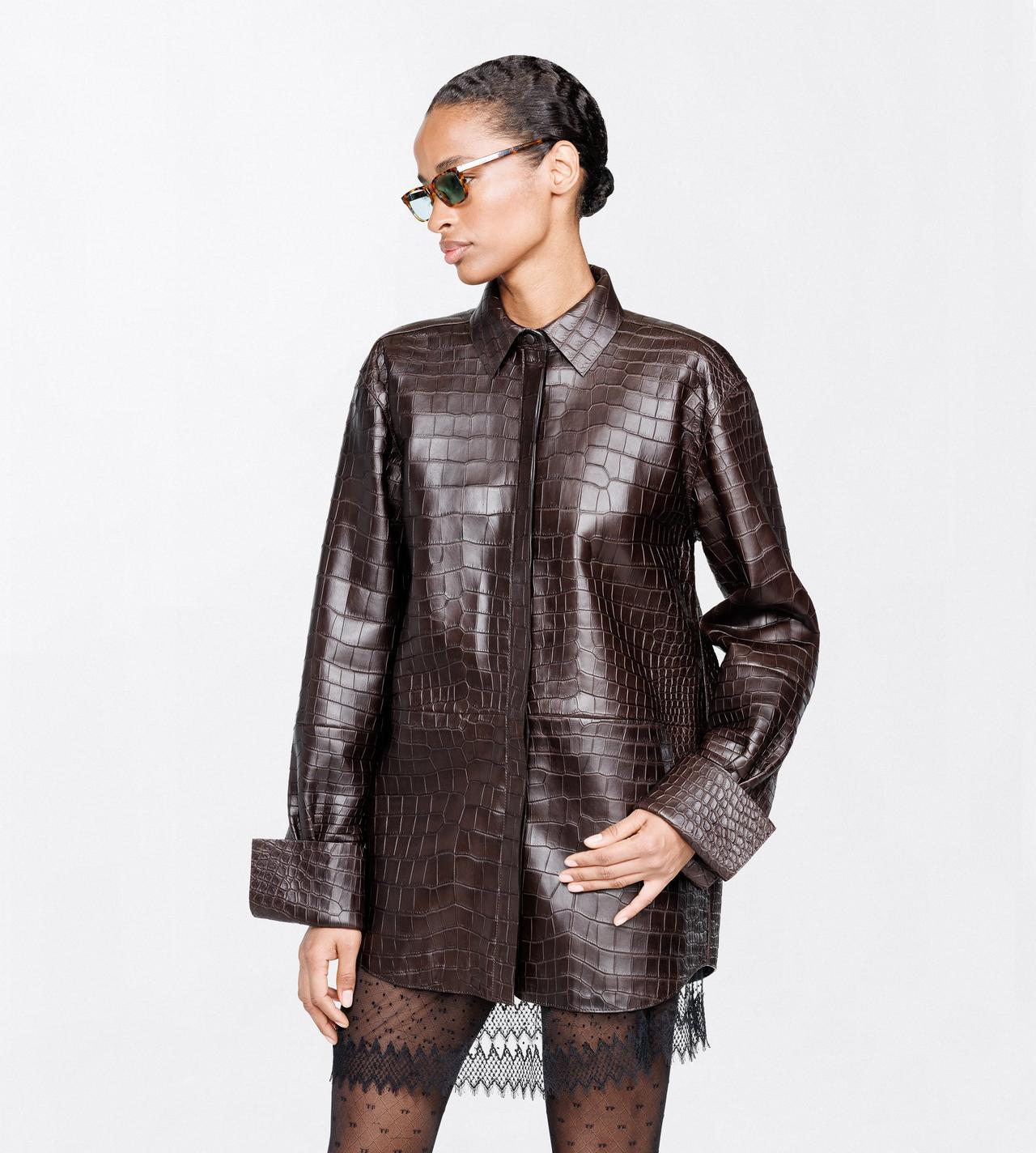 TOM FORD LEATHER DARK CHOCOLATE EXOTIC PRINTED LEATHER OVERSIZED SHIRT