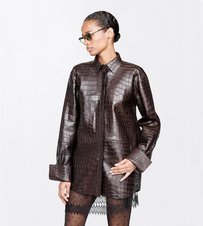 TOM FORD LEATHER DARK CHOCOLATE EXOTIC PRINTED LEATHER OVERSIZED SHIRT