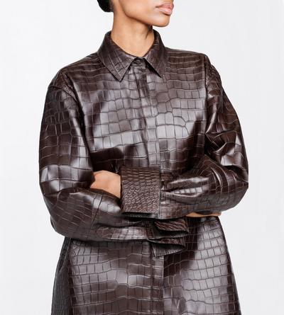 TOM FORD LEATHER DARK CHOCOLATE EXOTIC PRINTED LEATHER OVERSIZED SHIRT