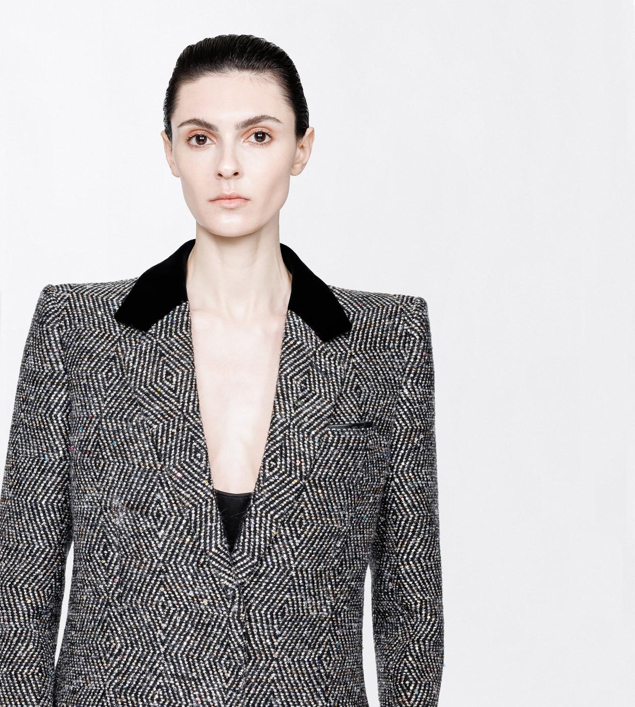TOM FORD TWEED BLACK MULTICOLOR SEQUINED TWEED BOYFRIEND COAT WITH VELVET COLLAR