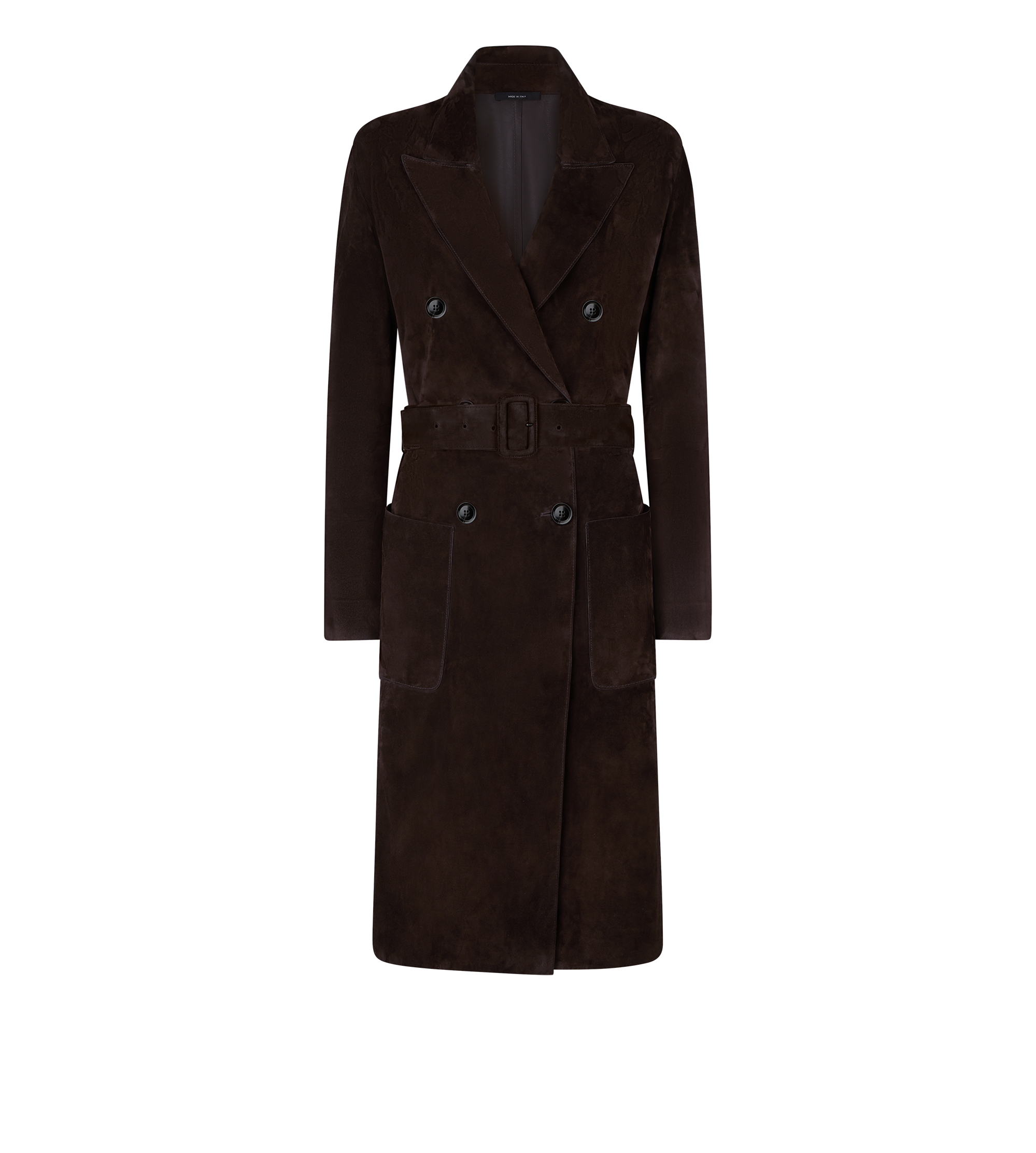 DOUBLE BREASTED BELTED SUEDE COAT
