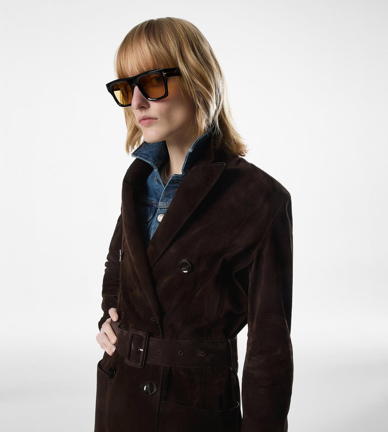 DOUBLE BREASTED BELTED SUEDE COAT image number 1