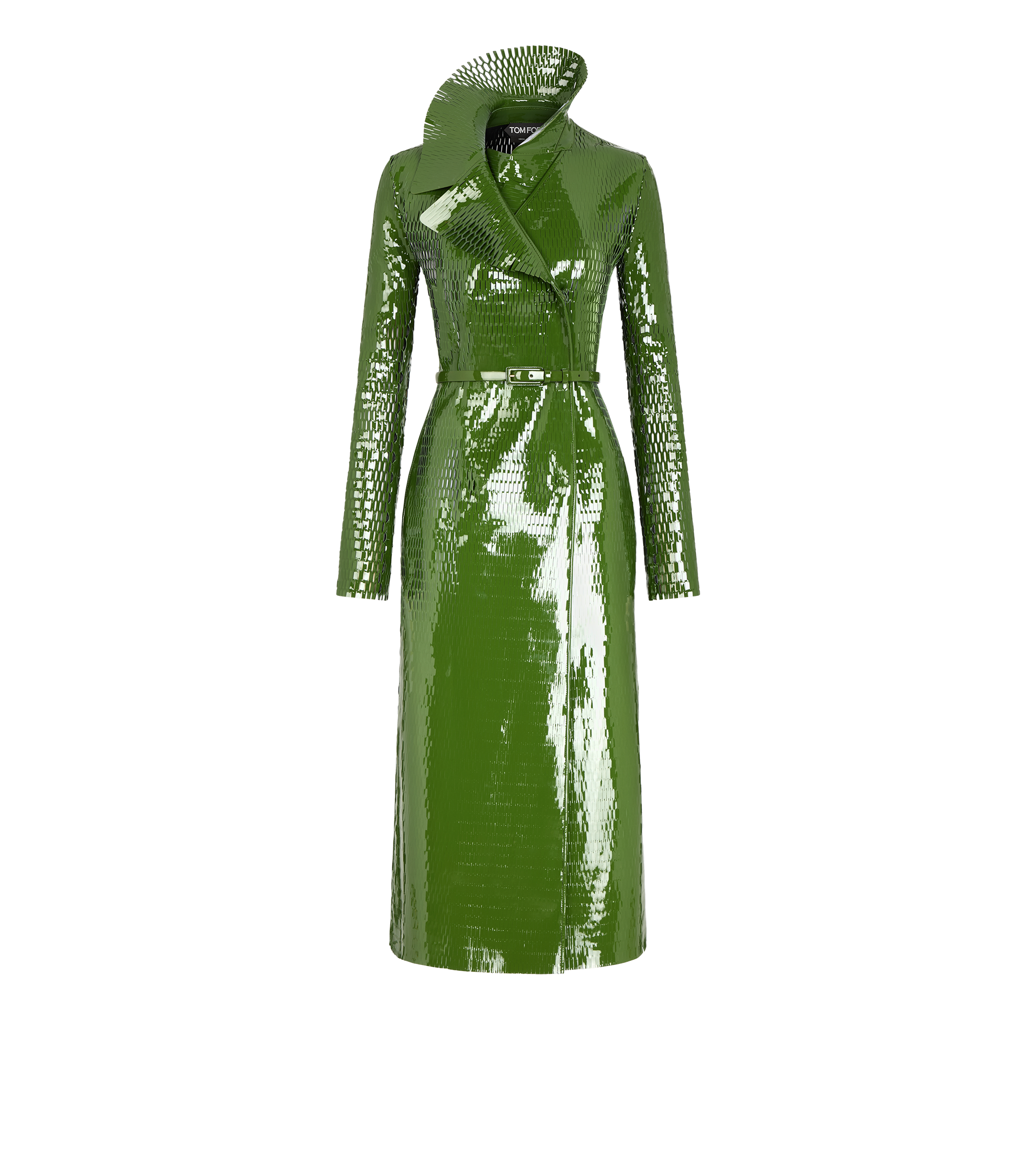 PERFORATED PATENT CALF LEATHER DOUBLE BREASTED TRENCH COAT WITH SELF BELT