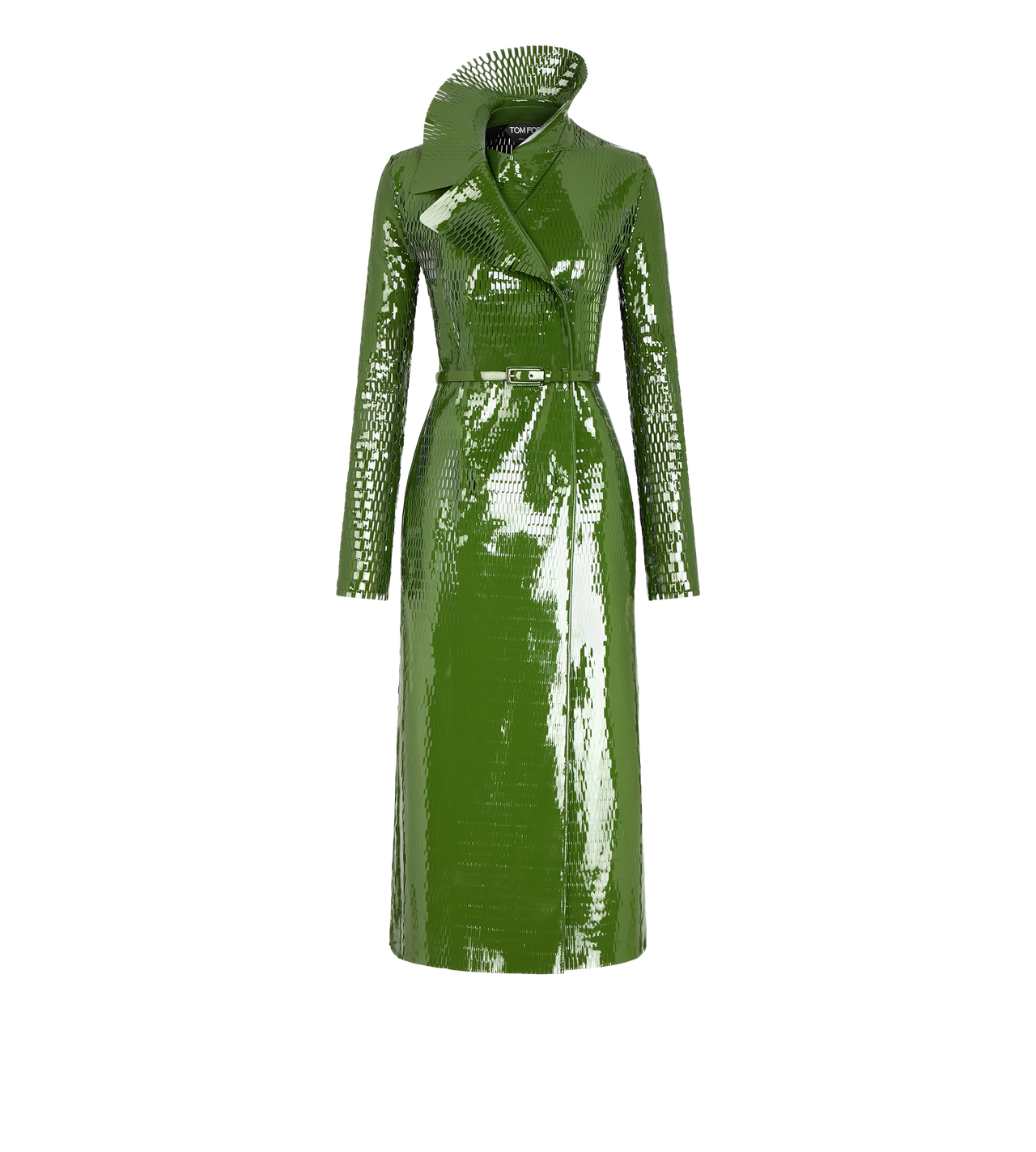TOM FORD LEATHER GRASS GREEN+BLACK TRENCH DOPPIOPETTO IN PELLE DI VITELLO VERNICIATA TRAFORATA CON CINTURA COORDINATA