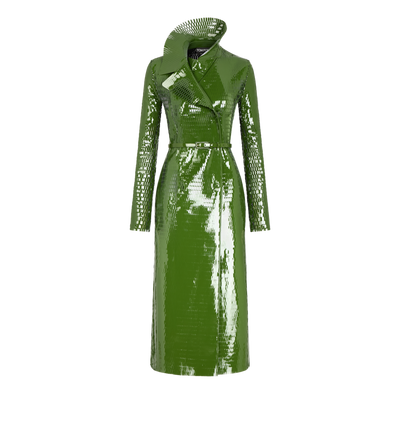 TOM FORD LEATHER GRASS GREEN+BLACK TRENCH DOPPIOPETTO IN PELLE DI VITELLO VERNICIATA TRAFORATA CON CINTURA COORDINATA