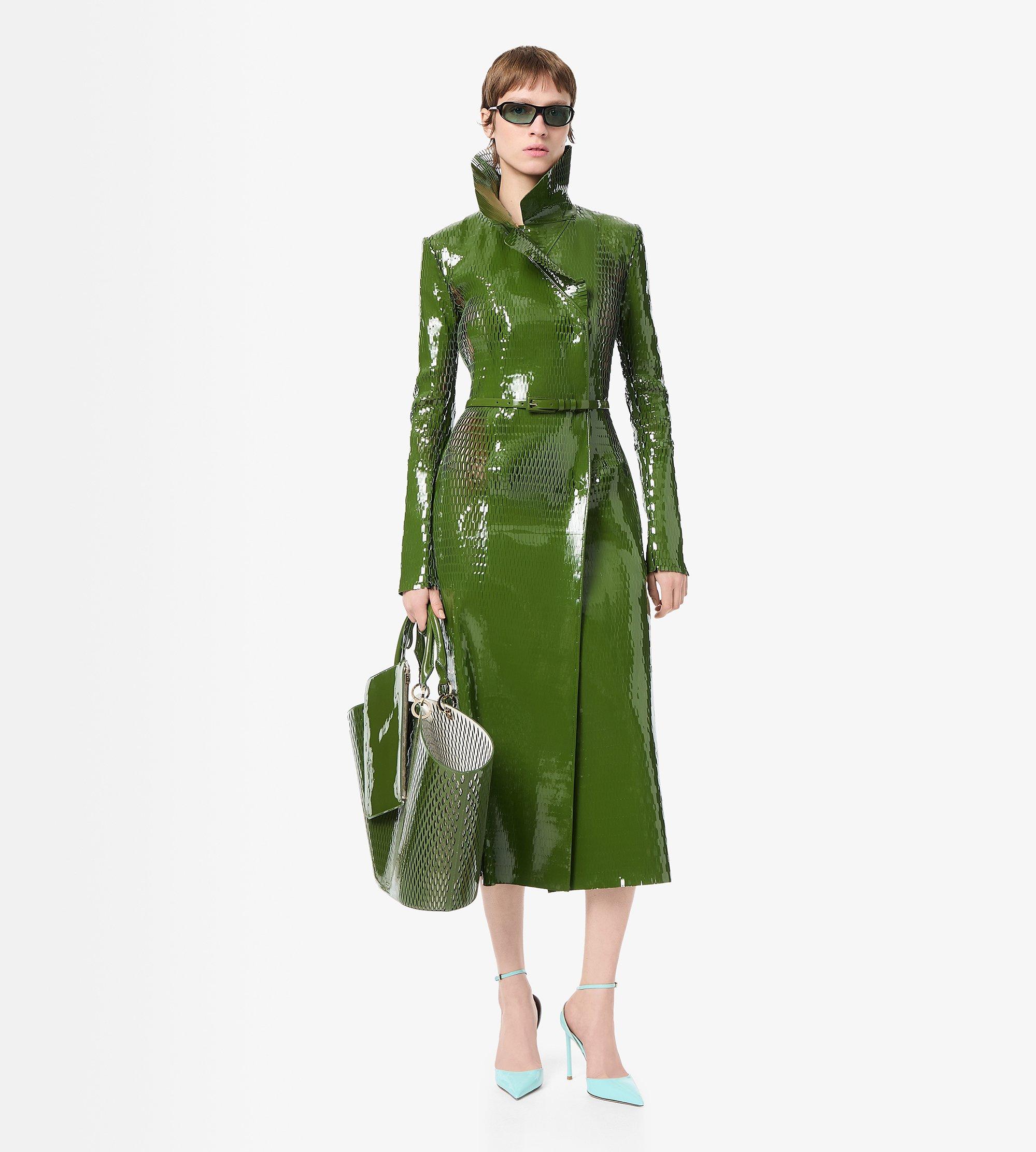 PERFORATED PATENT CALF LEATHER DOUBLE BREASTED TRENCH COAT WITH SELF BELT