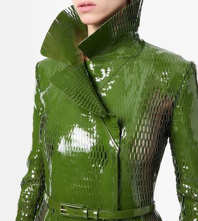 TOM FORD LEATHER GRASS GREEN+BLACK TRENCH DOPPIOPETTO IN PELLE DI VITELLO VERNICIATA TRAFORATA CON CINTURA COORDINATA