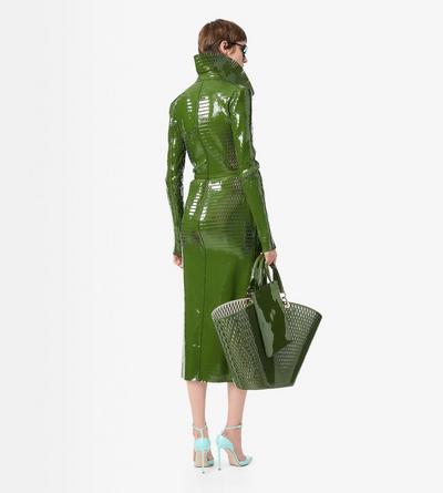 TOM FORD LEATHER GRASS GREEN+BLACK TRENCH DOPPIOPETTO IN PELLE DI VITELLO VERNICIATA TRAFORATA CON CINTURA COORDINATA