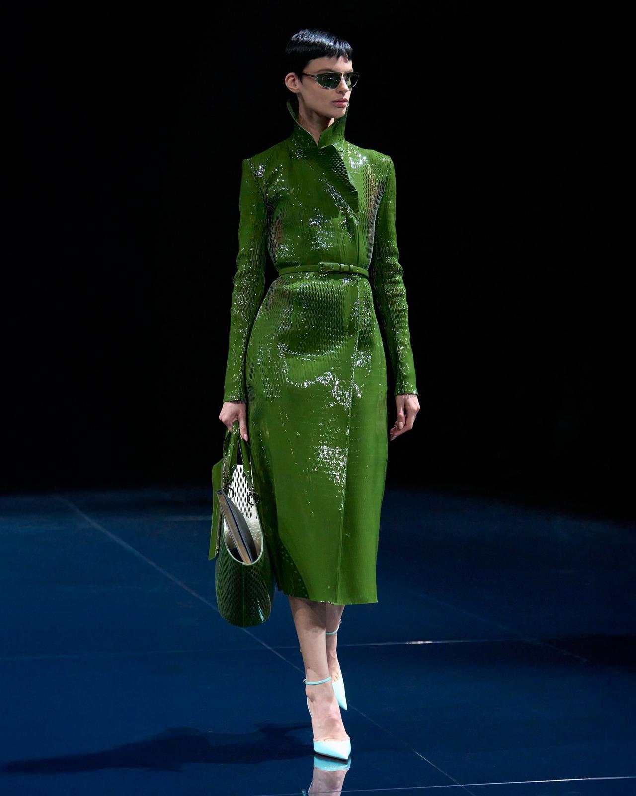 TOM FORD LEATHER GRASS GREEN+BLACK TRENCH DOPPIOPETTO IN PELLE DI VITELLO VERNICIATA TRAFORATA CON CINTURA COORDINATA