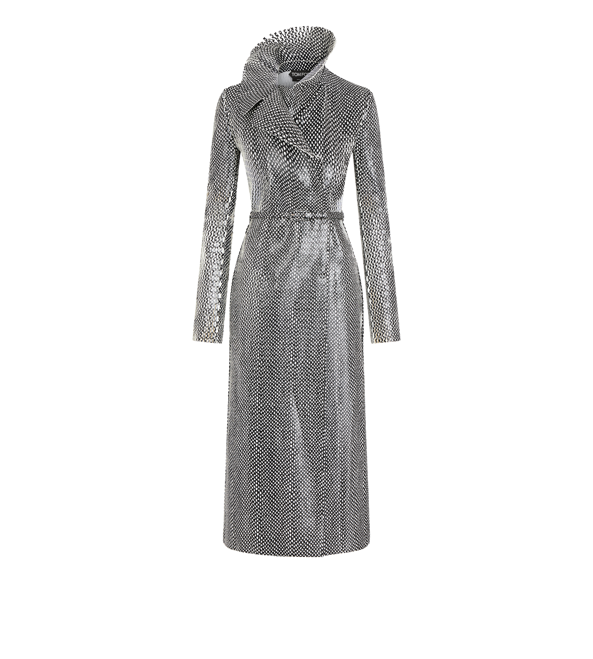 PRINTED PERFORATED CALF LEATHER DOUBLE BREASTED TRENCH COAT WITH SELF BELT