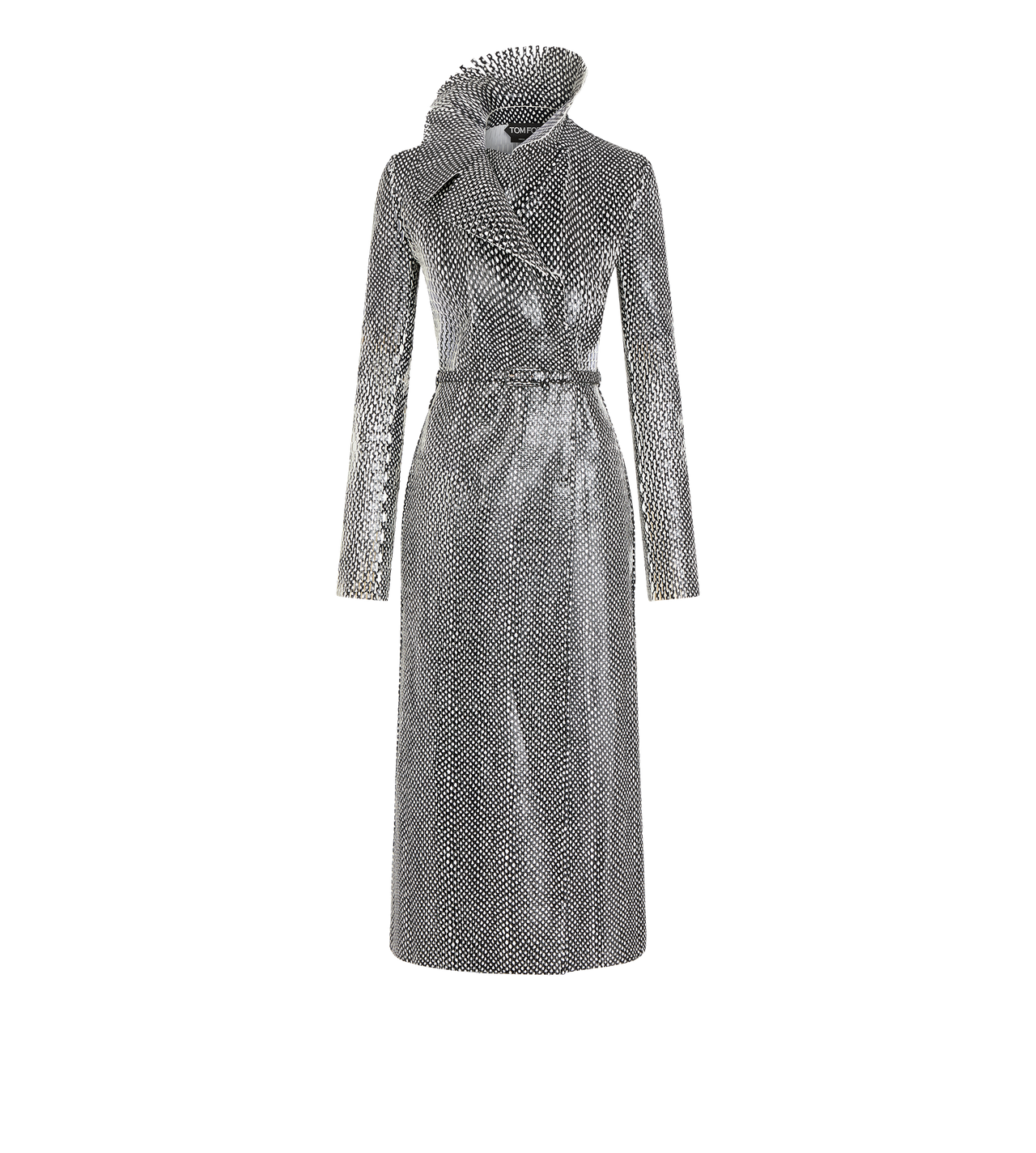 TOM FORD LEATHER COMBO BLACK + WHITE & WHITE PRINTED PERFORATED CALF LEATHER DOUBLE BREASTED TRENCH COAT WITH SELF BELT