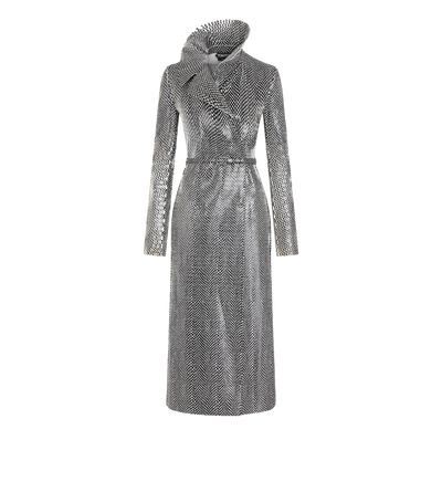 TOM FORD LEATHER COMBO BLACK + WHITE & WHITE PRINTED PERFORATED CALF LEATHER DOUBLE BREASTED TRENCH COAT WITH SELF BELT