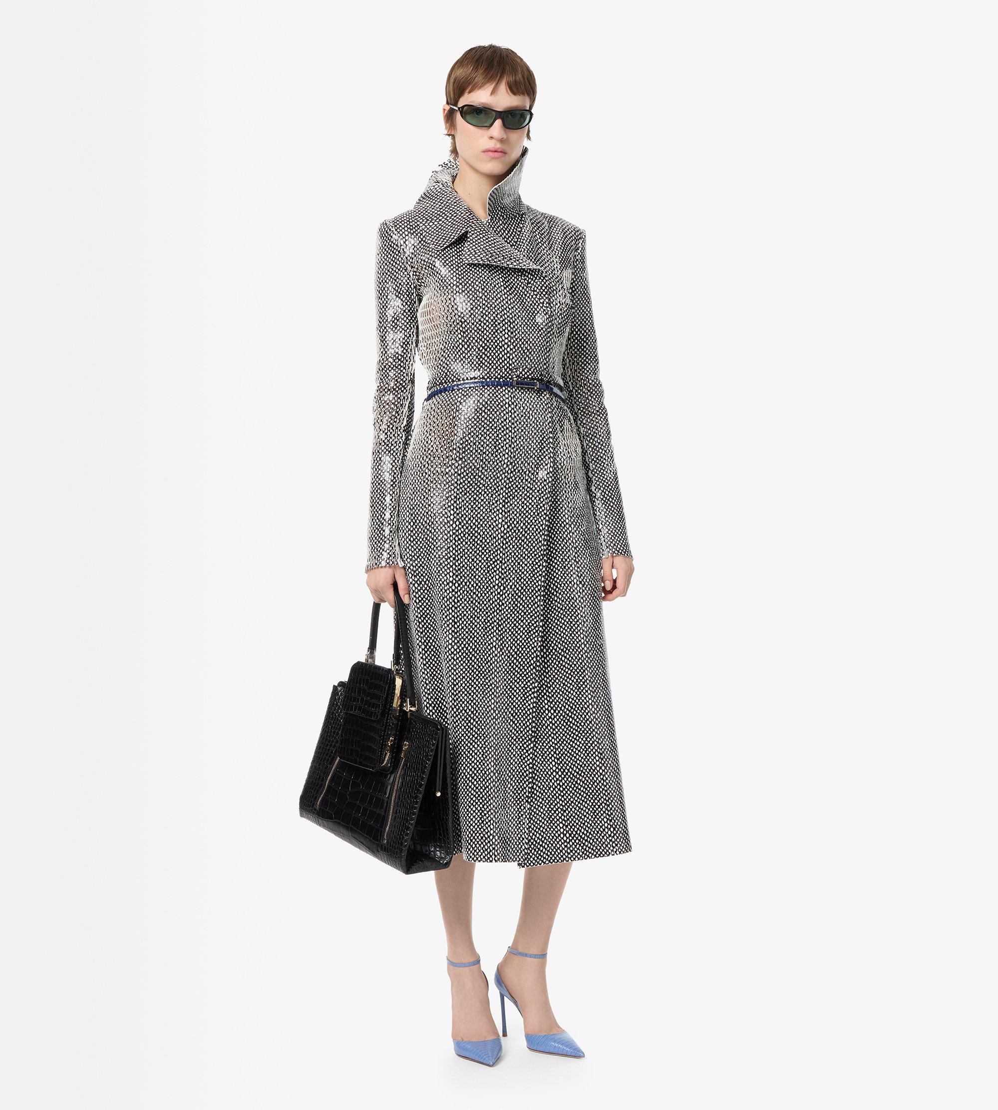 PRINTED PERFORATED CALF LEATHER DOUBLE BREASTED TRENCH COAT WITH SELF BELT