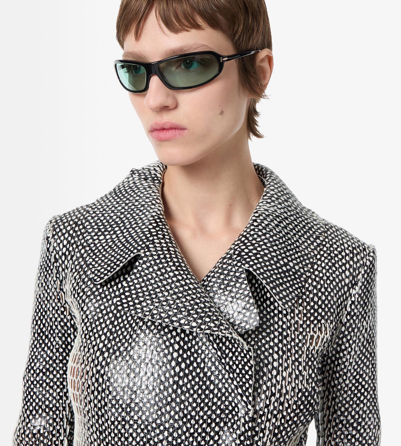 TOM FORD LEATHER COMBO BLACK + WHITE & WHITE PRINTED PERFORATED CALF LEATHER DOUBLE BREASTED TRENCH COAT WITH SELF BELT