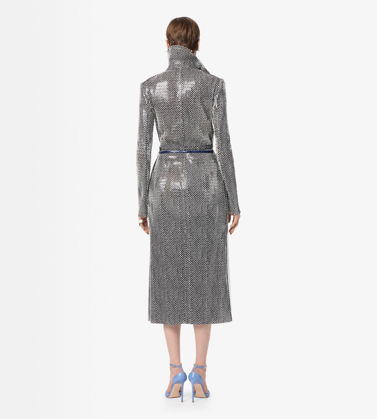 TOM FORD LEATHER COMBO BLACK + WHITE & WHITE PRINTED PERFORATED CALF LEATHER DOUBLE BREASTED TRENCH COAT WITH SELF BELT