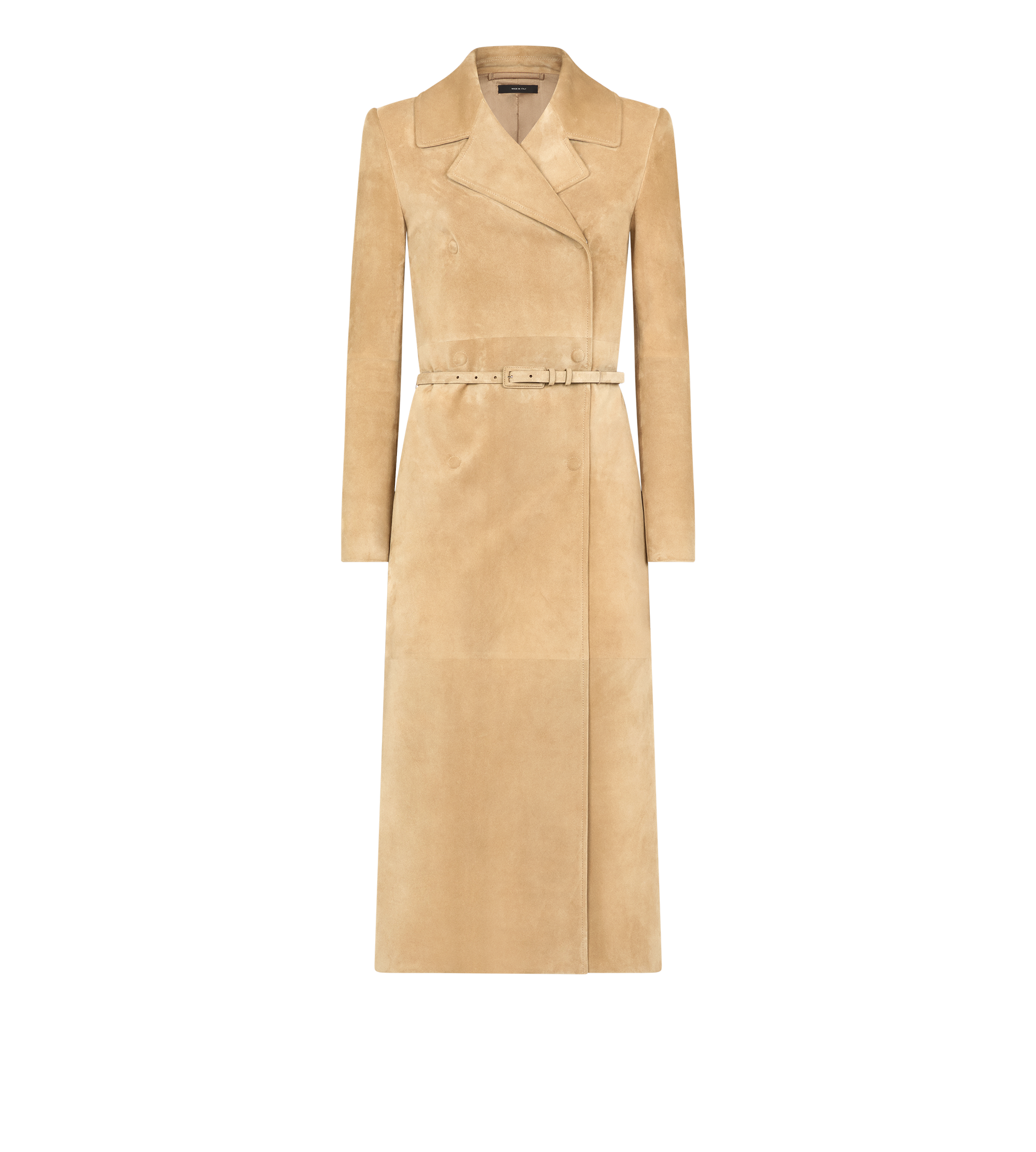 DOUBLE BREASTED SUEDE TRENCH COAT WITH SELF BELT
