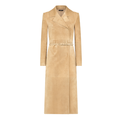 TOM FORD LEATHER WARM SAND DOUBLE BREASTED SUEDE TRENCH COAT WITH SELF BELT