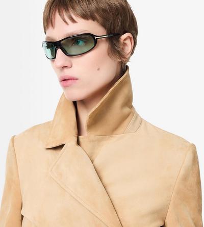 TOM FORD LEATHER WARM SAND DOUBLE BREASTED SUEDE TRENCH COAT WITH SELF BELT