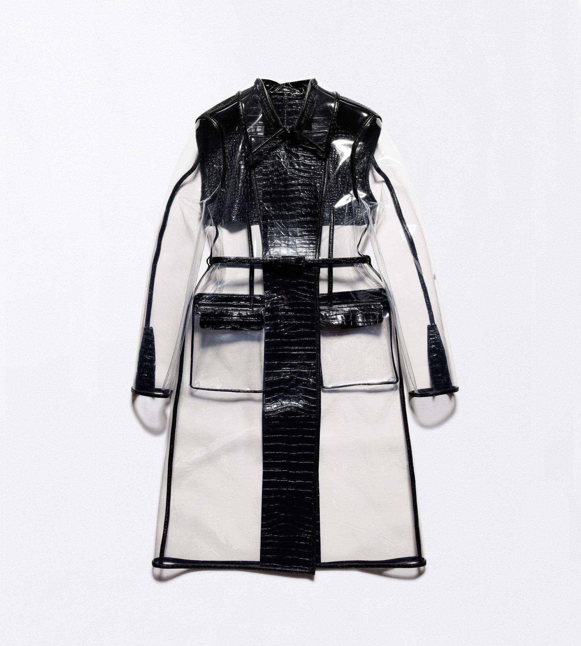 GLASS-EFFECT TECHNICAL FABRIC AND EXOTIC PRINTED LEATHER BELTED TRENCH COAT