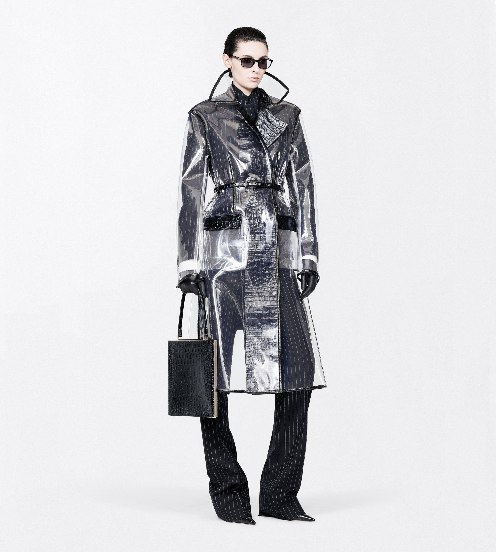 GLASS-EFFECT TECHNICAL FABRIC AND EXOTIC PRINTED LEATHER BELTED TRENCH COAT