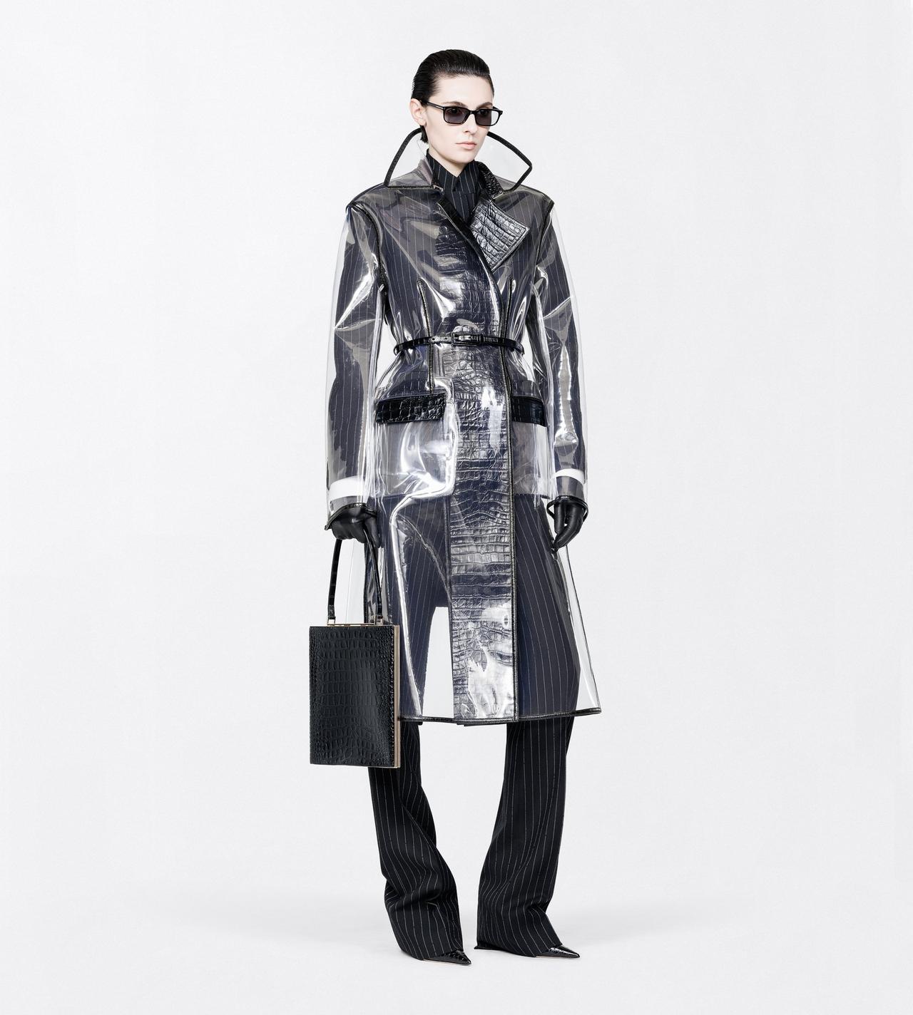 TOM FORD THERMOPOLYURETHANE BLACK GLASS-EFFECT TECHNICAL FABRIC AND EXOTIC PRINTED LEATHER BELTED TRENCH COAT